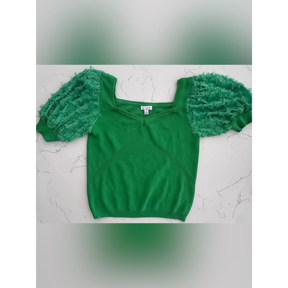 Current Air Womens M Green Puff Sleeve Sweater Top Textured Statement Sleeve